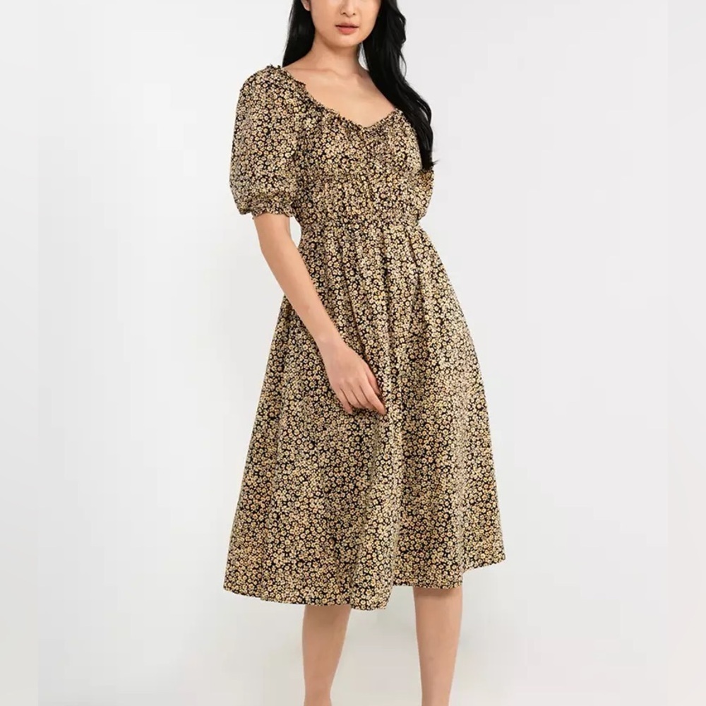 GAP Black and Tan Floral Puff-Sleeve Midi Dress